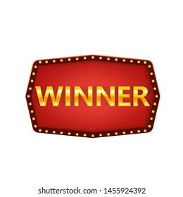 Winner retro frame label banner template. Win congratulations vintage frame with glowing lamps, golden congratulating framed sign. Winners lottery game jackpot prize poker, cards, roulette and lottery