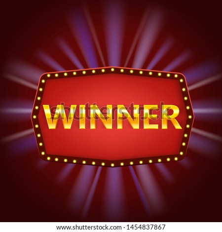 Winner retro frame label banner template. Win congratulations vintage frame with glowing lamps, golden congratulating framed sign. Winners lottery game jackpot prize poker, cards, roulette and lottery