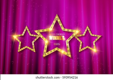 Winner. Retro light sign. Three gold stars on pink curtain background with rays. Vintage style banner. Vector illustration