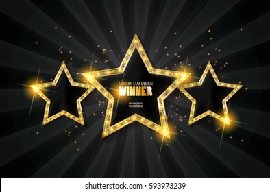 Winner. Retro Light Sign. Three Gold Stars On Black Curtain Background With Rays. Vintage Style Banner. Vector Illustration