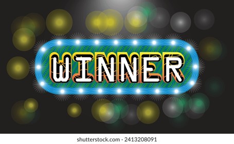 Winner retro signboard and golden foil confetti against a light burst Winner light bulb frame