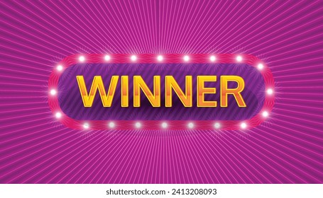 Winner retro signboard and golden foil confetti against a light burst Winner light bulb frame with glitter gold letters