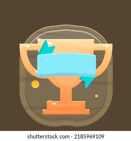 Winner Reward Badge Game UI Icon Golden Cup Blue Ribbon Brown Wooden Board  Cute Cartoon Colorful Vector Design