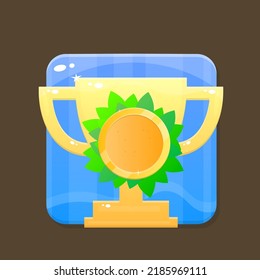 Winner Reward Badge Game UI Icon Golden Cup Green Plants Blue Ice  Cute Cartoon Colorful Vector Design