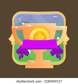 Winner Reward Badge Game UI Icon Golden Cup Coin Purple Ribbon Cute Cartoon Colorful Vector Design