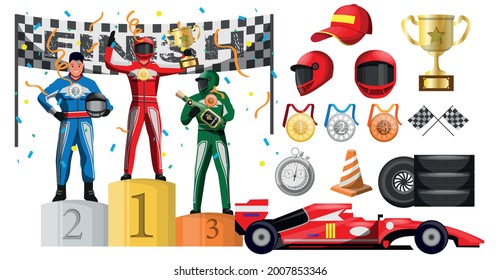 Winner Reward Ceremony In Motor Race Formula Car Competition. Racing Transport Driver On Podium Under Confetti Rain And Racing Attribute Collection Vector Illustration Isolated On White Background