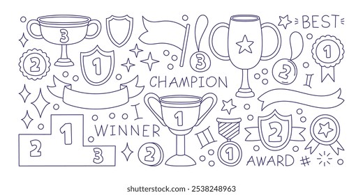 Winner reward design elements, trophy goblet and medal awards, place pedestal hand drawn doodle graphic outline set. Championship prize and success achievement attributes vector illustration