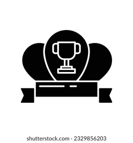 Winner reward glyph icon vector. Trophy cup with balloon and ribbon. Youth and sport day emblem vector illustration for game interface, web, graphic design, UI, and app.