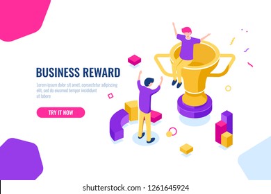 Winner reward isometric, business success, golden cup, people are happy to put their hands up, achievement and competition concept. Flat color vector illustration