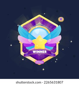 Winner Reward Star And Wings Gem Icon Win Game UI Badge In Golden Border Purple With Stars And Gift Cute Fantasy Colorful Vector Design