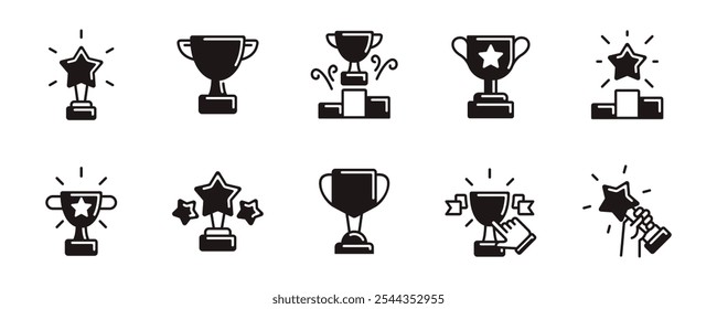 Winner Reward Trophy Cup Award Icono Set Primer lugar Campeón Éxito Logro Ganador Premio Signos Estilo Único Ilustración vectorial para Web y App