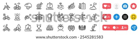 Winner ribbon, Arena stadium and Maggots line icons pack. Social media icons. Laureate award, Diet menu, Yoga web icon. Yoga mind, Target goal, Quiz pictogram. Vector