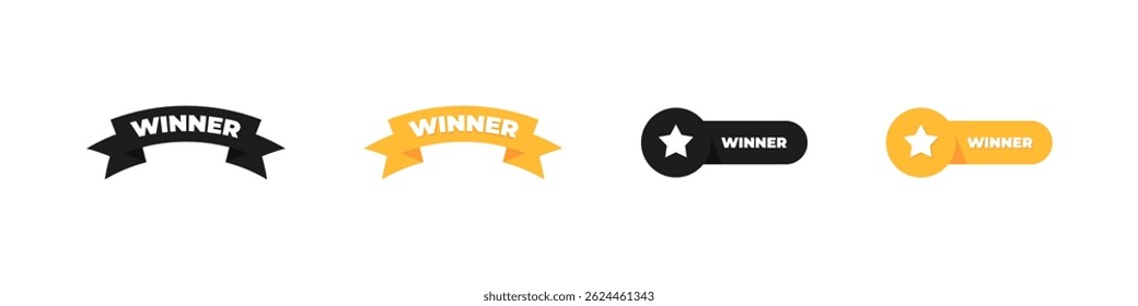 Winner ribbon banner set in yellow and black colors. Award design vector for achievement and first place