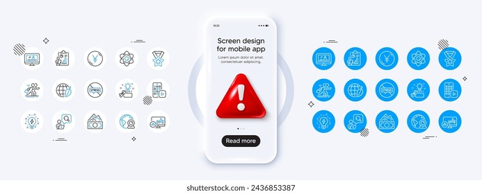 Winner ribbon, Candlestick chart and Report line icons. Phone mockup with 3d danger icon. Pack of Competition, Creative idea, Yen money icon. Video conference, Atom core, Inspect pictogram. Vector