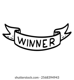 Winner ribbon. Hand drawn doodle illustration. Achievement award. Competition victory. Sports games. Olympics. Ceremonial win. Vector line art.