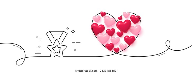 Winner ribbon line icon. Continuous line big heart. Award star medal sign. Best achievement symbol. 3d hearts in heart shaped loop. Winner ribbon single line ribbon. Loop curve pattern. Vector