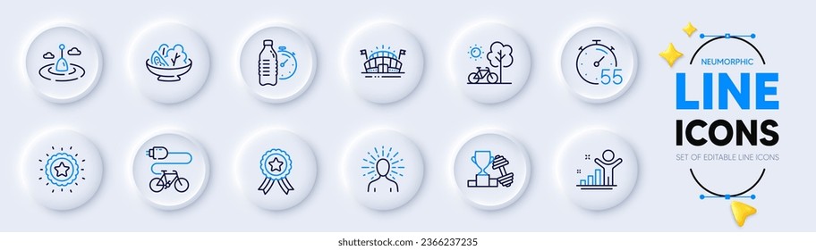 Winner ribbon, Sports arena and Salad line icons for web app. Pack of Timer, Winner star, Bicycle pictogram icons. Fishing float, Fitness water, Electric bike signs. Yoga, Dumbbell. Best award. Vector