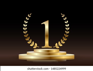 Winner round pedestal with golden number one symbol. Vector poster or banner template.