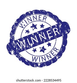 Gewinner Gummistempeldruck, Gewinnmarke. Vektorgrafik. Gewinnerblauer Gummi, Anführermarke, Champion Label Druck, Erfolgsspiel, Bester Platz, erfolgreicher Satz, erster Platz, Gewinnspiel