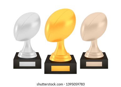 Winner rugby awards set, gold silver bronze trophy cups on stands with empty plates, three logo icons isolated on white background, photo realistic vector illustration ball with reflection