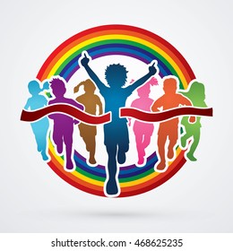 Winner Running, Group of Children Running, designed on line rainbows background graphic vector.