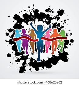 Ganador en ejecución, Grupo de niños en ejecución, diseñado en el vector gráfico de fondo de tinta plana.
