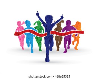 Winner Running, Group of Children Running, designed using colorful grunge brush graphic vector.