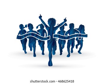 Winner Running, Group of Children Running, designed using blue grunge brush graphic vector.