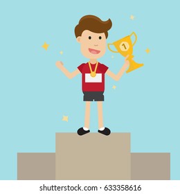 The winner from Running marathon, Man get a gold cup offered as a prize. Cartoon concept vector.