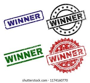 WINNER seal prints with distress surface. Black, green,red,blue vector rubber prints of WINNER tag with scratched surface. Rubber seals with round, rectangle, medal shapes.