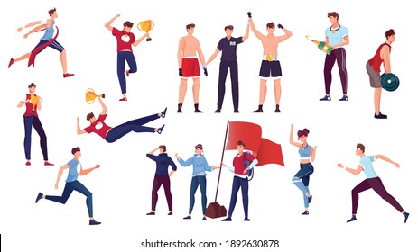 Winner set with flat human characters of running athletes celebrating victory with champagne trophies and cups vector illustration