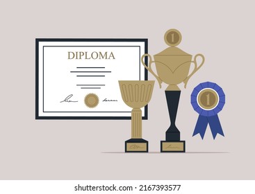 Un juego de ganadores, un certificado de diploma enmarcado, varias tazas de oro y una medalla de oro con un arco azul