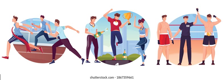 Conjunto de ganadores de tres composiciones con corredores cruzando boxeadores de línea de meta con ilustración vectorial de podio juez y ganadores