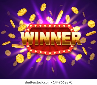 Winner shiny banner with burning lamps and coins. Lottery game jackpot prize background.