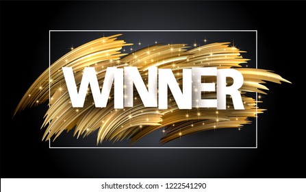 Winner shiny poster with golden brush stroke design on grey backdrop. Vector background.