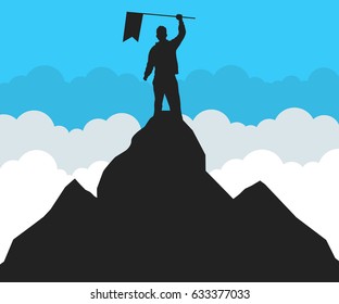 Winner silhouette holding a flag on mountain top. Flat vector Illustration.