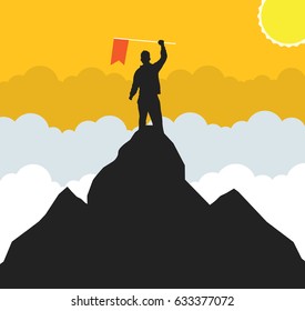 Winner silhouette holding a flag on mountain top. Flat vector Illustration.