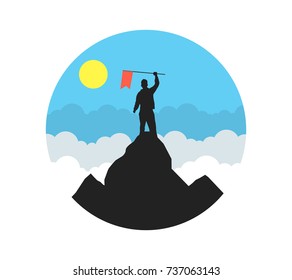 Winner silhouette holding a flag on mountain top. Flat vector Illustration.