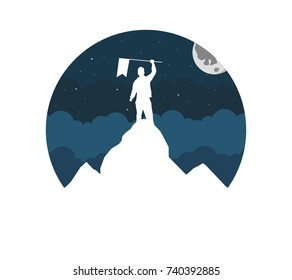 Winner Silhouette Holding A Flag On Mountain Top. Flat Vector Illustration.