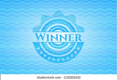 Winner sky blue water wave badge background.