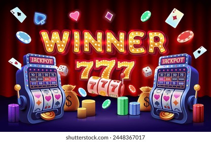 Winner slots machine casino, jackpot fortune, win banner. Vector illustration