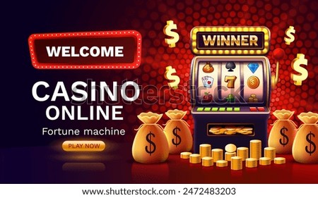 Winner slots machine casino, jackpot fortune, win banner. Vector illustration