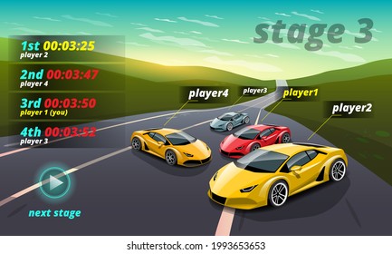 Winner in speed car racing goal in checkered board and first sport checkered flag on level stage of game and showing your best time in lap. Vector illustration in 3d style design