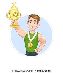 Winner sportsman with cup and medal, isolated white background. Vector illustration