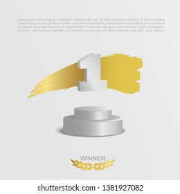 Winner stage podium with first number and gold hand drawn stripe on white background. Award ceremony template with golden laurel wreath and numeral 1