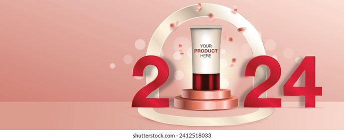 Winner stage podium mock up for cosmetic product display for year 2024 in pink banner background with copy space, vector design