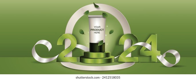 Winner stage podium mock up for cosmetic product display for year 2024 in green banner background, vector design