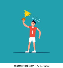 Winner standing with cup rejoicing in flat design