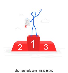 Winner standing in first place on a podium