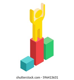 Winner stands on podium on first place. Joyfully raised his hands, greets fans. Flat vector cartoon illustration. Objects isolated on a white background.